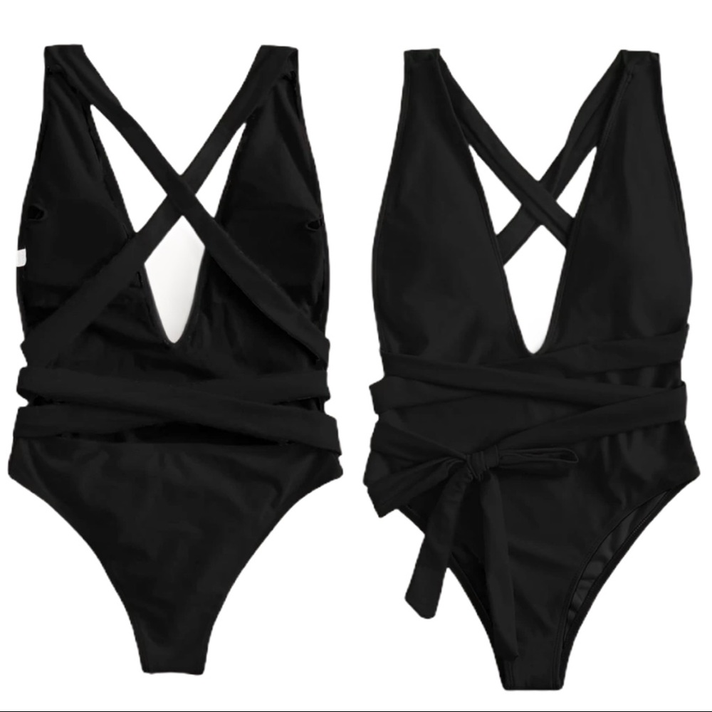 Plunge wrap around one piece swimsuit black boho - Picture 2 of 2